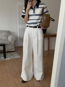 DAZY Maglietta casual a maniche corte con colletto polo, a blocchi di colore e righe per le donne