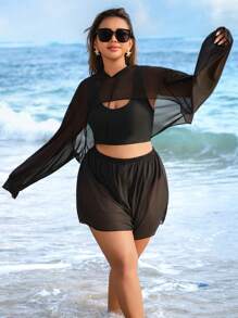 Swim Lushoire Plus Size 4pcs/Set All-Match Casual Sporty Tankini Set, Versatile, For Summer Beach Vacation