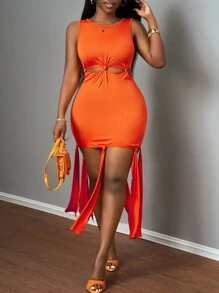 Slaydiva Nuevo estilo Vestido mini naranja casual y deportivo para mujer con cuello redondo, sin mangas, top de jersey con nudo y recorte - Naranja - Ver 9