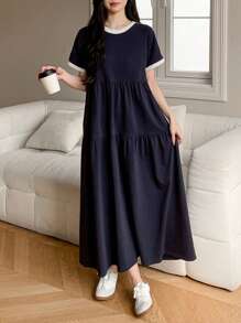 DAZY 女士宽松圆领中长连衣裙，春夏长款连衣裙 - 藏蓝色 - 查看 2