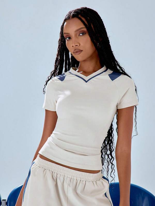 MUSERA Top cu decolteu în V, contrastant, casual, vară, drăguț, cu imprimeu retro, mulat, aeroport, confortabil, drăguț, pentru festival