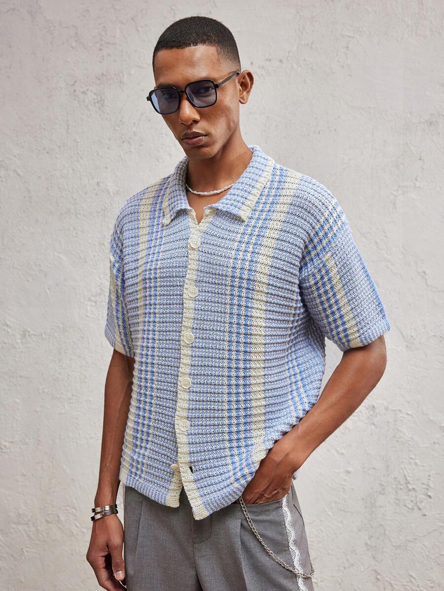 AKNOTIC Business Casual Men's Striped Loose Drop Shoulder Knit Cardigan, Casual Short Sleeve Open Front Knit Sweater For Daily Wear - Blue and White - View 1