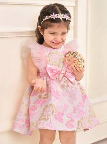 SHEIN Leap Crew Baby Girl Elegant Chiffon Dress With Jacquard Weave, Flutter Sleeves, Bow Decor, Ruched Swing Hem, Formal Dress, Pink - Pink - View 5