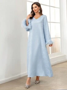 Al Najma Women's Solid Color V-Neck Furry Sleeve Arabian Dress,Modest - Blue - View 5