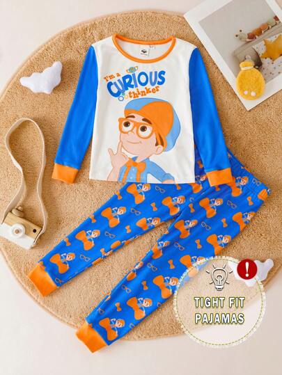 Blippi X SHEIN Young Boy Cartoon Character Colorblock Patchwork Long Sleeve Top & Pants Snug Fit Pajama Set