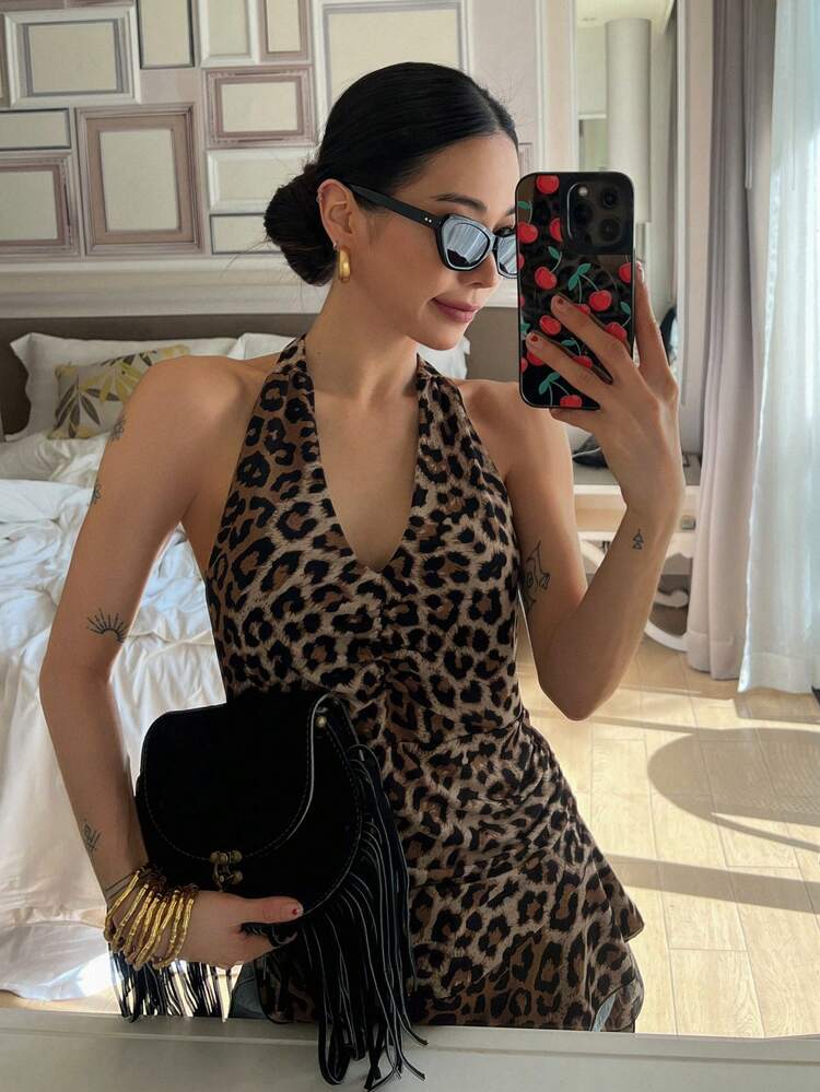 Slim Fit Leopard Print Ruffle Drawstring Casual Summer Vest Top For Women Cruise Women,Halter Top,Beach Sexy Women Tops Festival Going Out Tops Tube Top