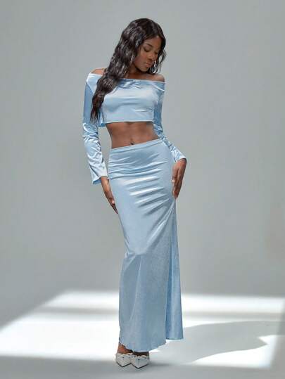 TRNVIE 2pcs/Set Women Solid Satin Short Boxy Top & High Waist Straight Long Skirt.Festival Patry.Summer Outfits For Women Fall Cloth For Women