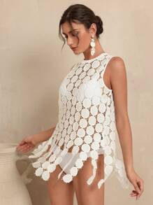 SHEIN Swim Women's Solid White Hollow Wave Trim Asymmetrical Tassel Hem Round Neck Sleeveless Dress Cover-Up, Romantic & Elegant For Festival, Beach, Holiday - White - View 1