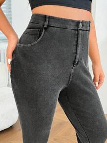 SHEIN EZwear 大码高腰洗水做旧紧身休闲裤 - 黑色 - 查看 5