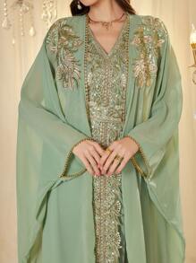 Layrah Custom Sequin Embroidered Splice Loose Luxury 2 Pieces Dress Set For Women, Modest Kaftan - Green - View 7