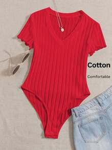 SHEIN EZwear Solid Ribbed Knit V Neck Bodysuit For Summer