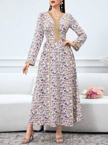 Al Najma 女式花卉印花拼接简约长袖休闲阿拉伯连衣裙，端庄 - 彩色 - 查看 5