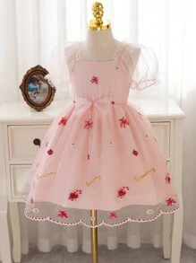 SHEIN Glamorique Kids 年轻女孩的草莓花卉刺绣网眼连衣裙，适合夏季度假、聚会、外出 - 粉色 - 查看 5