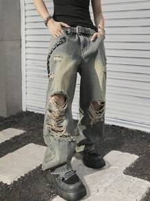 Manfinity EMRG Men's Pocket Distressed Wide Leg Loose Casual Fashionable Jeans - Light Wash - View 4