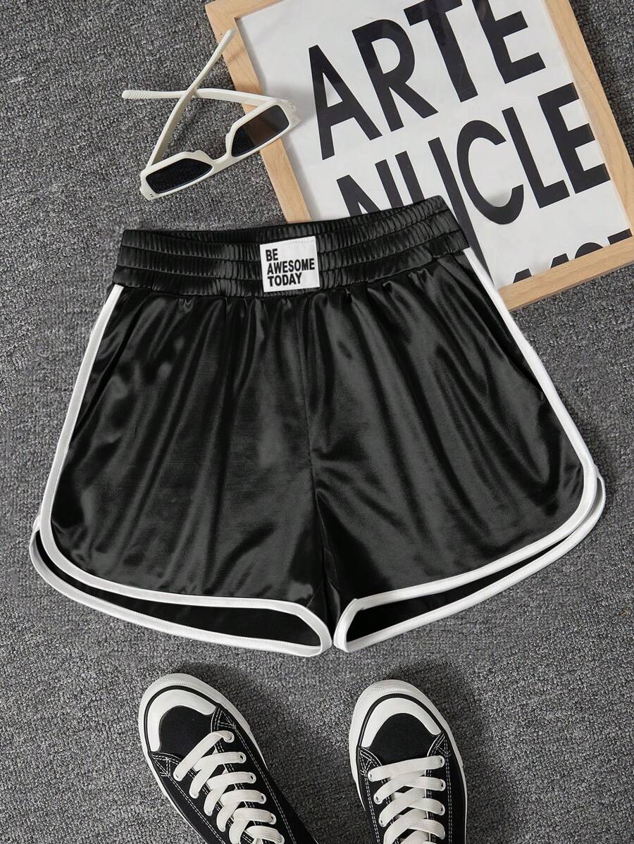 Muchica Black Woven Satin Contrast Trim Shorts - Black - View 1