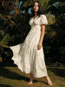 Anewsta Vestido elegante de manga larga con bordado para mujer, vestido formal, moda primaveral - Blanco - Ver 2