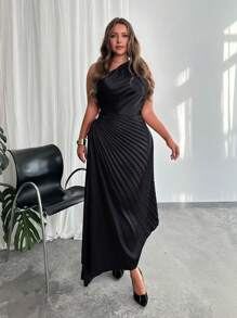 Firerie 大码女式优雅假日海滩不对称领口热带印花下午茶派对高端会场晚宴荷叶边腰部镂空荷叶边缎面不对称长裙