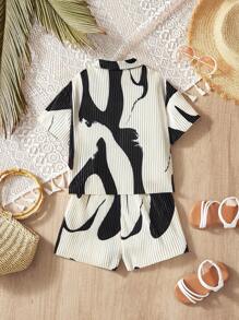 SHEIN Baby Girl Cute Zebra Print Pleat Shirt And Shorts Set, Summer - Black and White - View 2