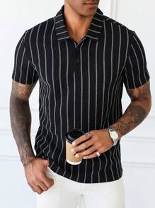 Manfinity Homme Men's Front Button Short Sleeve Striped Casual Polo Shirt - Black - View 1