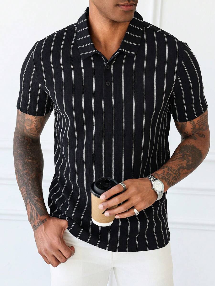 Manfinity Homme Men's Front Button Short Sleeve Striped Casual Polo Shirt - Black - View 1