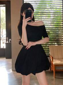DAZY Asymmetrical Shoulder Solid Color Ruched A-Line Mini Dress For Women,Casual Women Dresses