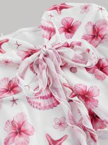 SHEIN MOD 正面蝴蝶结细节衬衫，带有花卉印花和荷叶边下摆，粉色、波西米亚风、浪漫、春天、热带、优雅、度假、飘逸、茶会、单身女郎、风骚、外出上衣