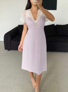 DAZY 浪漫撞色蕾丝拼布露背女士睡裙睡衣 - 粉色 - 查看 8