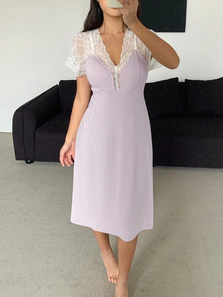 Romantic Contrast Color Lace Patchwork Backless Women Night Dress Pajama
