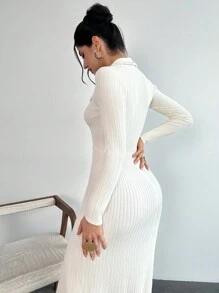 SHEIN Privé Women Plain Color Turndown Collar Fishtail Hem Long Sleeve Sweater Dress
