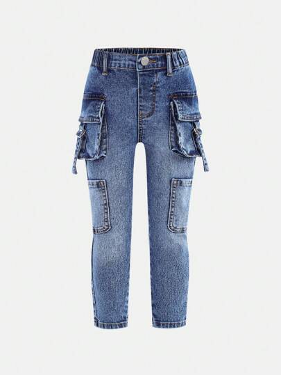 SHEIN Young Girls' Y2K Stretch Blue Denim Cargo Capri Pants, Spring And Summer Casual Vacation Hobo Wear, Multiple Cargo Pockets Street Cool Jeans