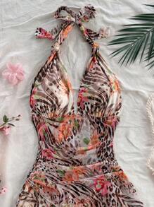 Soleia 动物印花 & 花卉 V 领紧身连衣裙 - 卡其色 - 查看 7