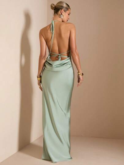 SHEIN BAE Sexy Backless Halter Green Satin Dress With Tie, Spring/Summer, Bridesmaid Dress, Satin Dress, Sexy Dress