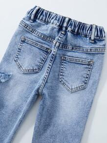 SHEIN Young Girls' Distressed Star Embroidered High Elasticity Flare Jeans With Ruffled Hem, Comfortable Cute Daily Wear, Light Wash Blue - Light Wash - View 7