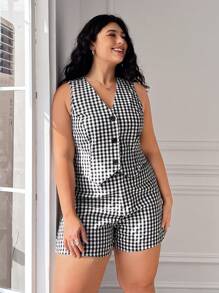 SHEIN EZwear Conjunto de 2 piezas de primavera/verano para mujer de talla grande: Chaleco sin mangas con estampado de cuadros + Shorts de traje casual