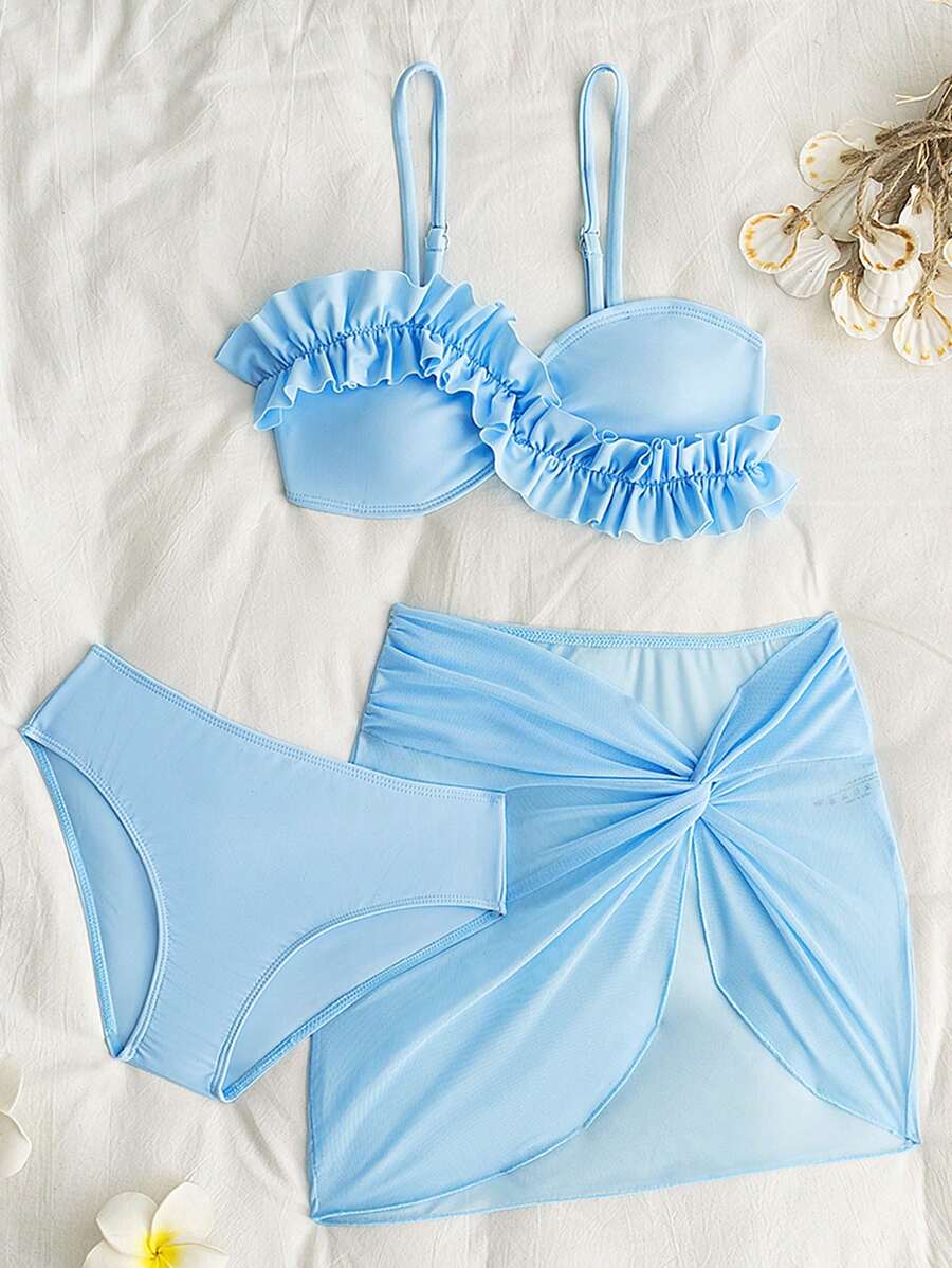 SHEIN Tween Girls Bikini - Fashionable & Elegant Blue Swimsuit Set. Features Soft Knitted Fabric, Fully Lined Bikini Top With Lace Trim, And A Matching Wrap Skirt. A Stylish, Casual, And Exquisitely Detailed Three-Piece Design. Perfect For Swimming, Summer Vacations, Beach Trips, Pool Parties, And Holiday Getaways. - Baby Blue - View 1