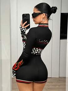 SHEIN ICON Y2k Going Out Sports Style Long Sleeve Jumpsuit With Motorcycle Print - Black - View 2