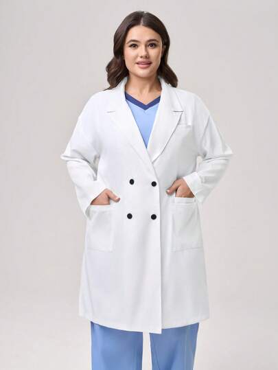 TaskEZ Plus Size Women Lab Coat / Long-Sleeve Lapel Neck, Solid Color