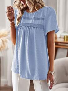 SHEIN Holidaya Women Contrast Lace Round Neck Short Puff Sleeve Shirt - Blue - View 3