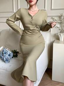 DAZY Vestido midi asimétrico drapeado liso para mujeres