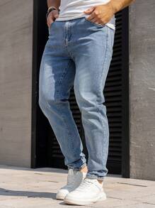 Manfinity Homme Men's Casual Washed Simple Tapered Leg Jeans - Light Wash - View 4