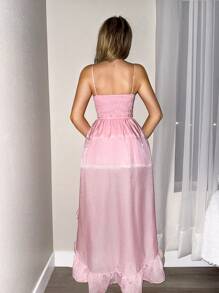 SHEIN Sweetina Women's Solid Color Patchwork Spaghetti Strap Ruched Casual Elegant Pink Dress For Valentine's Day, Birthday Valentines Detachable Tail - Pink - View 2