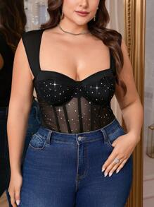 SHEIN Privé 加大码优雅休闲春夏亮片网眼紧身衣，带钢圈，端庄、百搭、时尚 - 黑色 - 查看 6