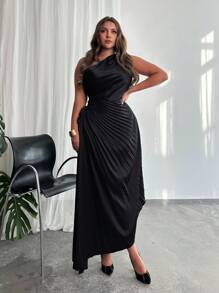 Firerie 大码女式优雅假日海滩不对称领口热带印花下午茶派对高端会场晚宴荷叶边腰部镂空荷叶边缎面不对称长裙