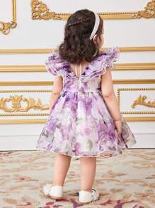 SHEIN 女婴花卉印花欧根纱荷叶边夏季连衣裙/派对连衣裙 - 紫色 - 查看 2