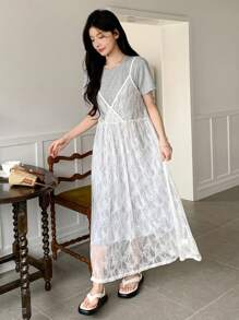 DAZY Set 2 Potong Kaos Renda Manis Kasual Wanita, Musim Semi/Panas - MultiWarna - View 6
