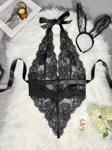 2 件套女士蕾丝内衣服装（连体裤和头饰） - 黑色 - 查看 9