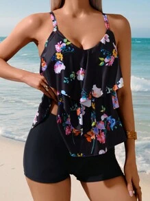 Swim Lushoire 2pcs/Set Colorful Printed Ruffled Cami Tankini Set For Women, Summer Beach Vacation Outfits - Multicolor - View 4