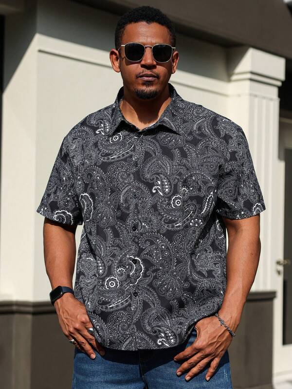 Manfinity Homme Plus Size Men's Front Button Short Sleeve Printed Casual Shirt