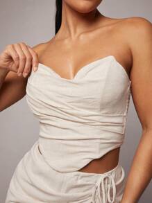 Silquee Summer Apricot Linen Asymmetric Hem Detail Tube Top, Romantic Valentine's Day And Date Top, Asymmetric Hem Tube Top, Romantic Date Top, Sexy Holiday Top, Old Money, Festival, Summer Classic - Beige - View 4