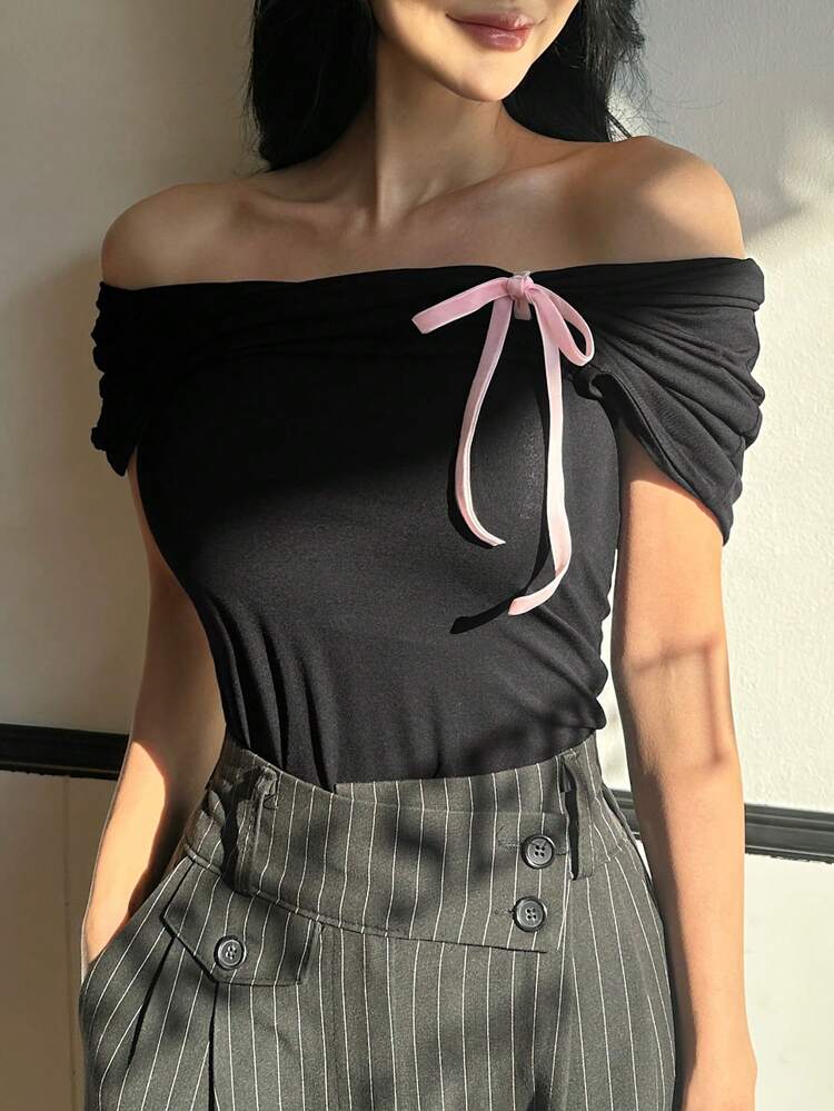Women's Off Shoulder Short Sleeve Contrast Color Bow Decor T-Shirt